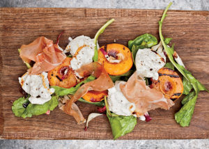 Grilled Apricots with burrata and country ham